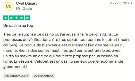 avis vérifié Velobet Casino